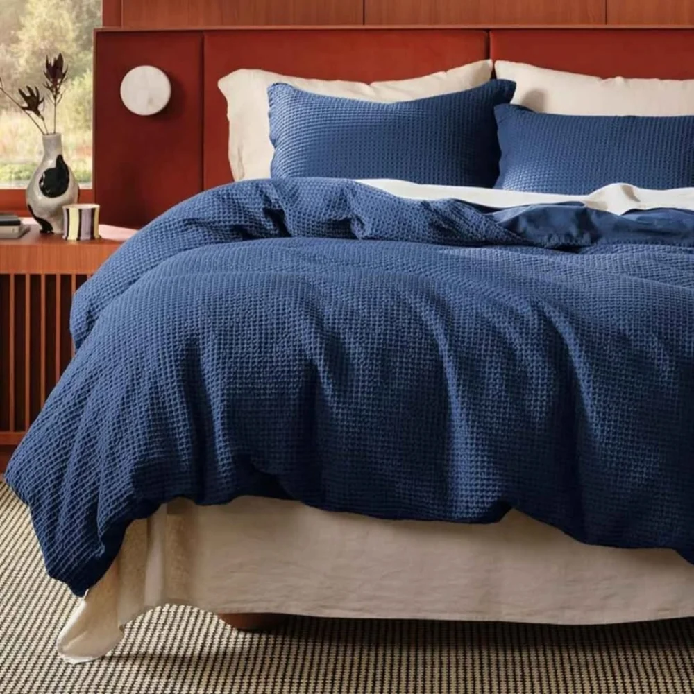Bedsure Cotton Duvet Cover Set - 100% Cotton Waffle Weave Navy Duvet Cover King